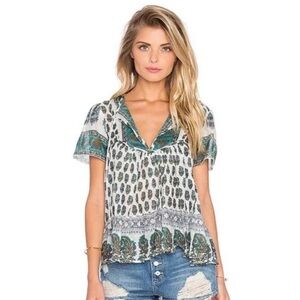 Anthropologie RAGA Nomad Dreams Paisley Blouse Short Sleeve Peasant Top Size XL